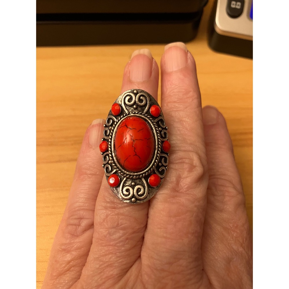 Red Faux Turquoise Statement Ring Silver Tone Adjustable Southwestern Boho Oval